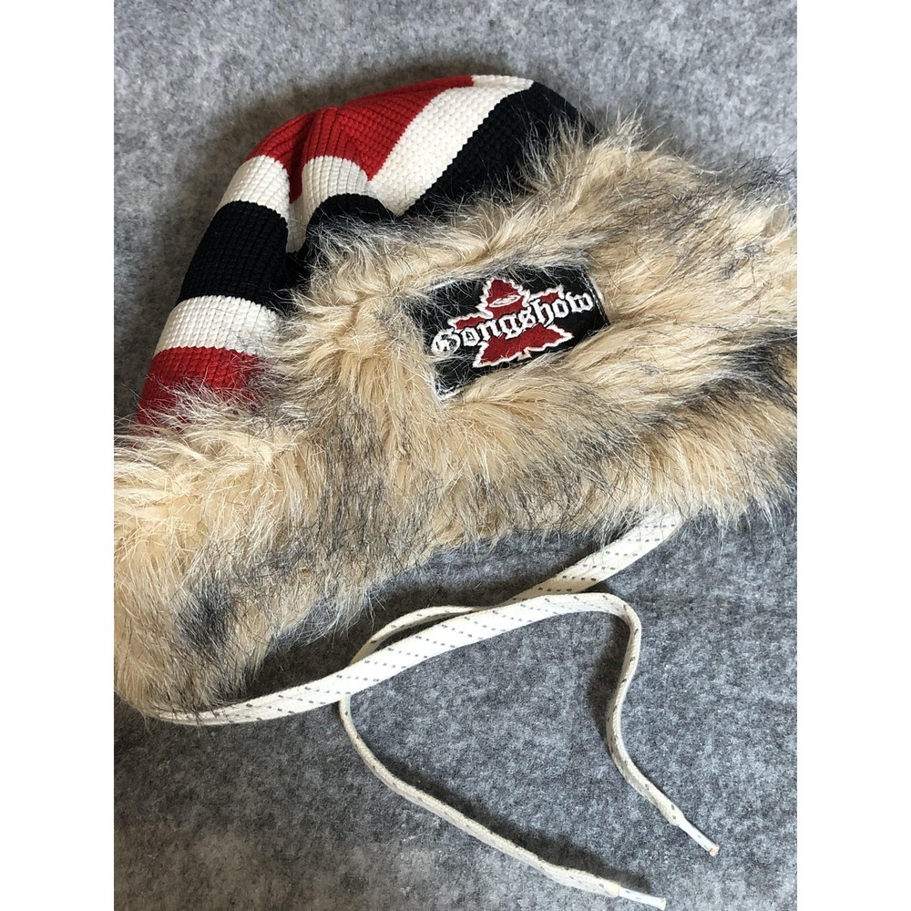 Gongshow Hat Trapper Knit Faux Fur Ear Flap Mens One Size Red Black Hockey